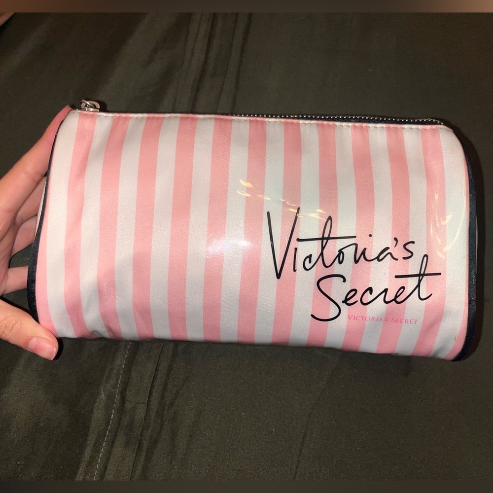 VICTORIA'S SECRET PINK WHITE STRIPE MAKEUP COSMETIC BAG polka dot inside lined